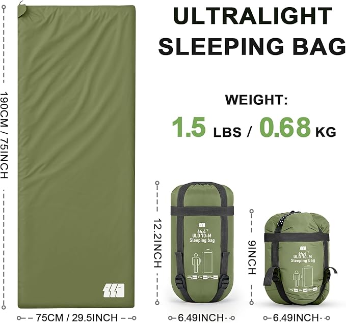 Ultralight Warm Weather Sleeping Bag - Portable Waterproof Compact Lightweight Comfort with Compression Sack - Great for Outdoor Camping Backpacking &amp Hiking