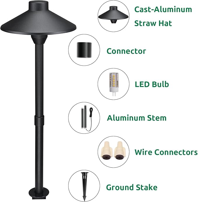 Lumina Lighting® Low Voltage Landscape Lighting Cast-Aluminum Path and Area Light Warm White 3W G4 LED Bulb and ABS Ground Stake Included for Yard Walkway Lawn PAL0106-BkLED6 (Black6-Pack)