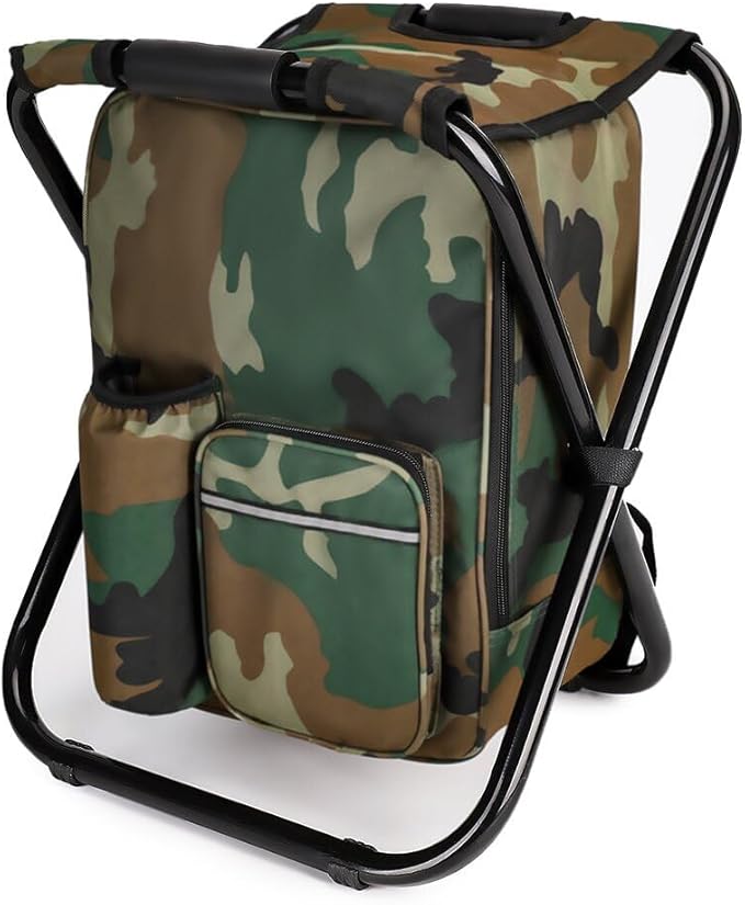 Portable Hiking Camouflage Camping Stool Folding Camping Chair Stool Backpack with Cooler Insulated Picnic Bag