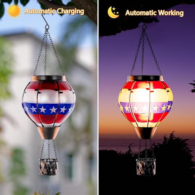DREAMSOUL 2 PCS Flag Solar Hot Air Balloon Lantern with Flame Hanging Waterproof Solar Lanterns Outdoor Waterproof Flag Day for Patio Garden Decor Fourth of July Decorations