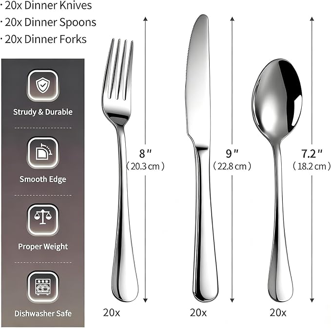 60 Piece Bulk Silverware Set for 20 Stainless Steel Heavy Forks Spoons and Knives Set Mirror Finish Flatware Dishwasher Safe for Family Picnics Daily Gatherings