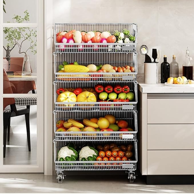 zktoermn Metal Basket Organizer Open Storage Shelves with Wheels Space-Saving Store Organization Shelf for Grocery Stores Supermarkets Bakery(50x29x90cm)