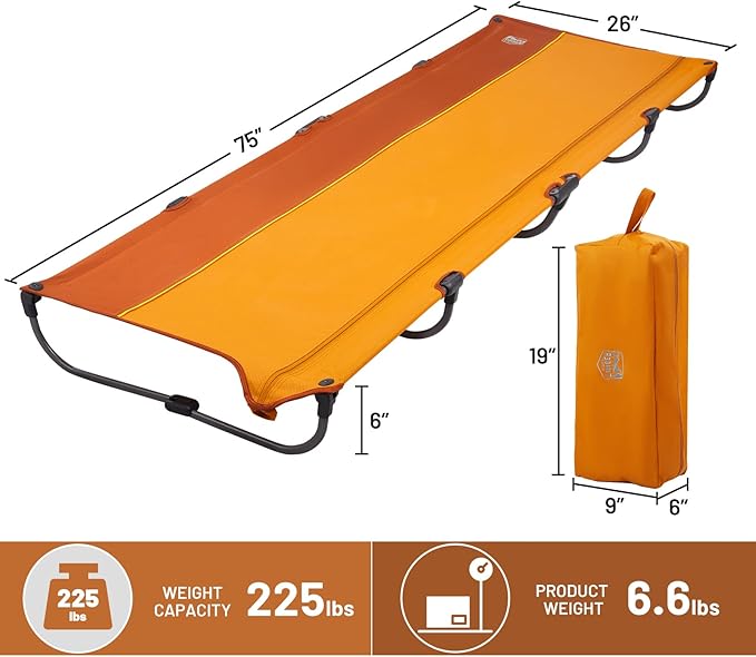 TIMBER RIDGE 20-Second Quick Set-Up Camping Cot Lightweight Aluminum Folding Cot Low Profile with Zipper Closure Portable Carry Bag for Camping Travel and Outdoors Support up to 225lbs Orange