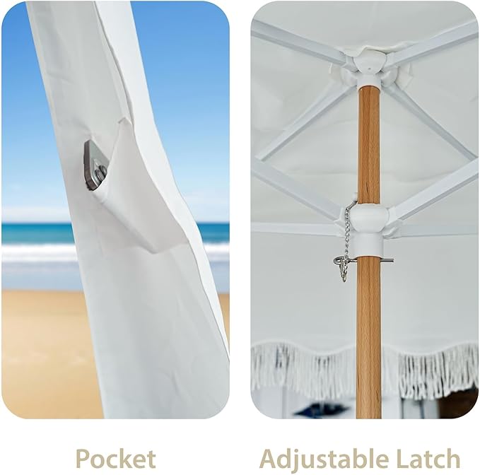 AMMSUN Beach Cabana with Fringe 6.5' x 6.5' Boho Beach Canopy with Tassels Easy Set up &amp Premium Wood Pole Cabana Tent with Sand Pockets Instant Sun Shade for Sand Garden Patio Elegant Whit