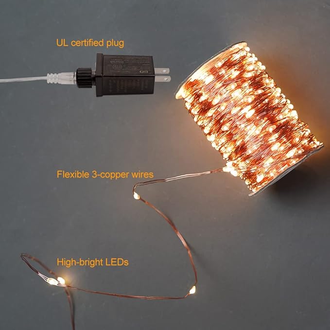 200FT Warm White Plug in Fairy Lights 600 LED Waterproof Copper Wire String Lights with Remote for Christmas Tree Bedroom Porch Patio Garden Wedding Party