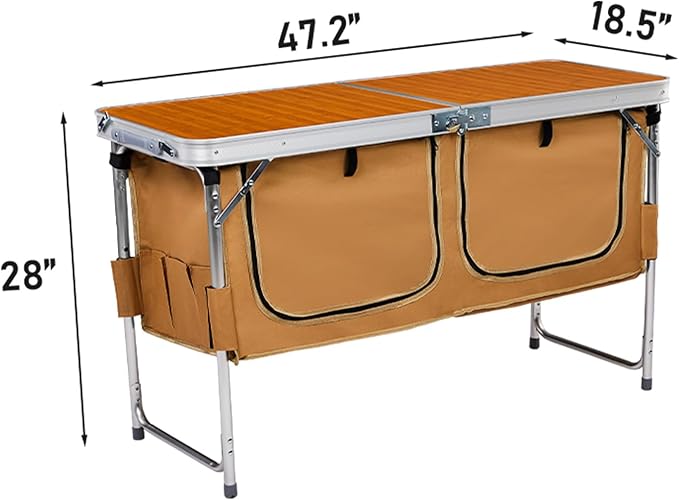 4ft Portable Picnic TablesOutdoor Folding Camping TableAdjustable Height Foldable Grill TablesLightweight Aluminum Picnic Tablewith Storage Compartmentfor Indoor Hiking Camp BBQ Beach (Natural)