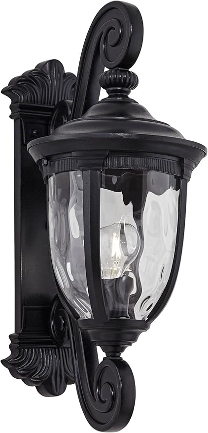 John Timberland Bellagio European Outdoor Wall Light Fixture Texturized Black Dual Scroll Arm 24 Clear Hammered Glass for Exterior House Porch Patio Outside Deck Garage Front Door Garden Home
