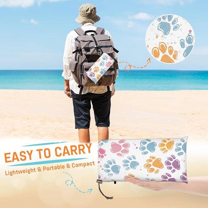 Waterproof Sandproof Beach Blanket 59''×68'' Animals Cats Footprints Polyester Outdoor Picnic Blanket with 4 Stakes &amp Storage Bag for BeachCampingVacation White