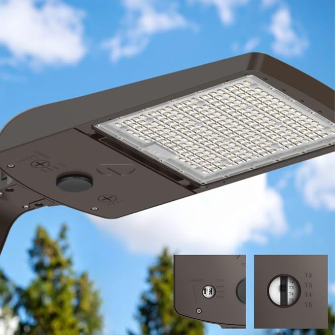 Lithonia Lighting LED Outdoor Area Light Fixture LED Parking Lot Light with Adjustable Brightness 3-in-1 Selectable White Color 4-in-1 Switchable Distribution UVOLT Wall or Pole Mount Bronze