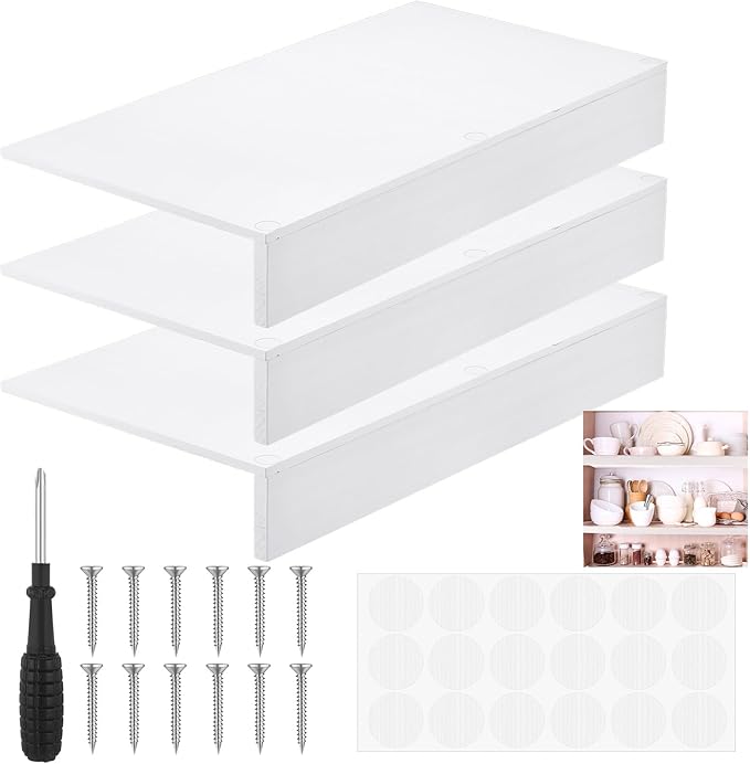 Hoolerry 3 Sets Wire Shelf Covers Wood Wire Rack Covers for Shelving Pantry Closet Removable Closet with 18 Grain Stickers for Pantry Home and Kitchen Organization(24 x 12 InchWhite)