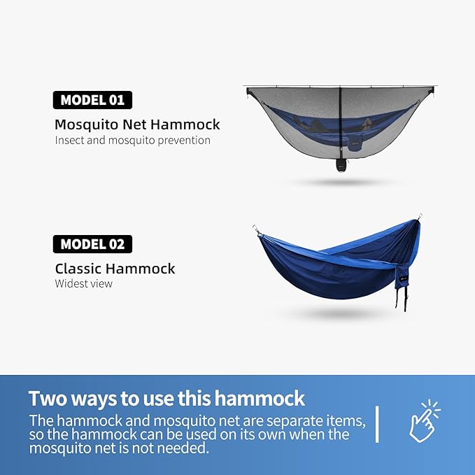 Hammock Anti-Mosquito System - Includes Double Hammock and Bug Net - Set of Essentials for Camping Hiking (Blue Hammock + Bug net)
