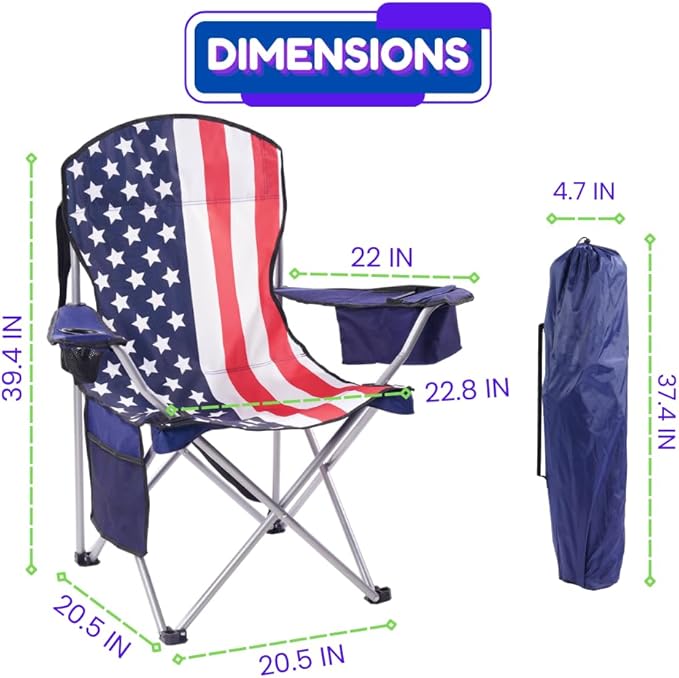 EZONE 2-Pack Camping Chairs with Built-in Ice Cooler Portable Chair Storage Pocket Cup Holder and Carry Bag Perfect for Camping Tailgating Fishing Beach and Lawn (2 Flag)