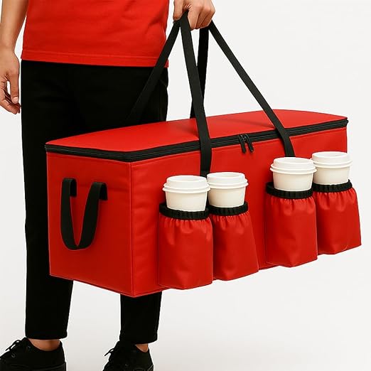 musbus Insulated Food Delivery Bag with Cup Holders/Drink Carriers Premium XXL Great for Beverages Grocery Pizza Commercial Quality Hot and Cold Red-bt 23W * 14D* 15H cup sleeve insulation