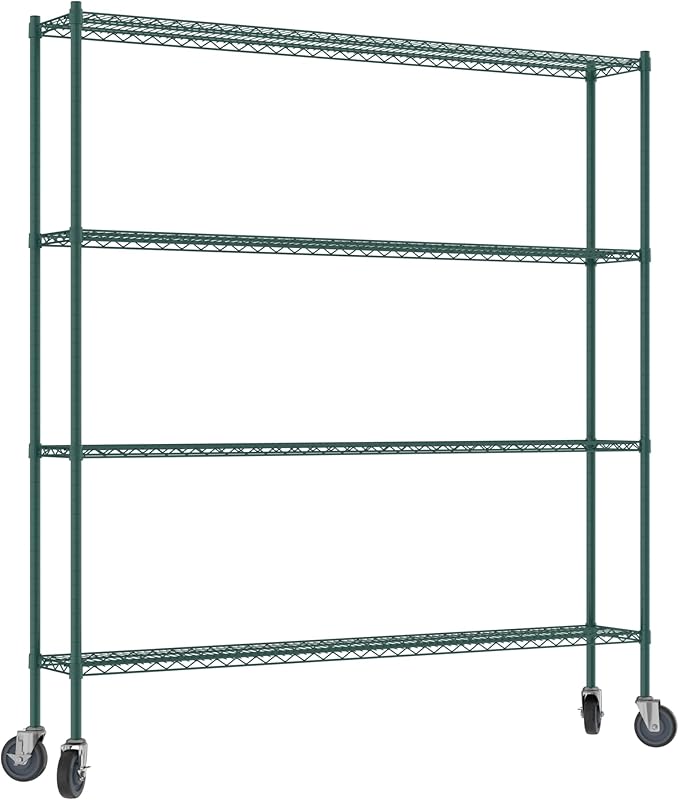Commercial NSF Listed Green Epoxy Mobile Wire Shelving Kit 12 x 72 x 80 with 4 Shelves Perfect for Warehouse Walk-in Refrigerator Freezer Grocery Store Restaurant Dishroom