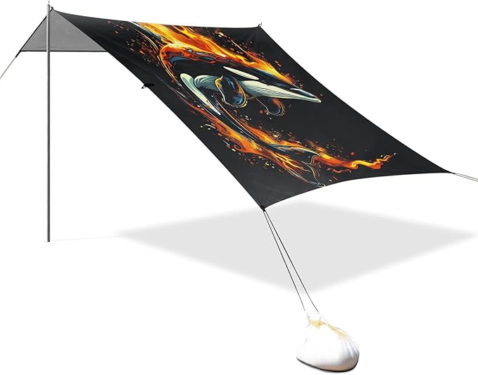 ALAZA Killer Whale Flame Beach Tent Sun Shelter UPF50+ Protection Beach Shade Canopy w/ 4 Sandbags for Outdoor Camping Fishing Backyard Fun Picnic 10x9 ft