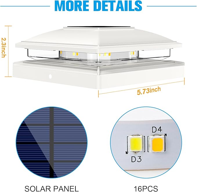 VOLISUN Solar Post Cap Light Outdoor Waterproof 4packSolar Fence - Post Lights for 4x4 5x5 6x6 Wooden/Vinyl PostWhite Deck Cap Light Solar Powered with Warm White for Garden/Patio/Porch