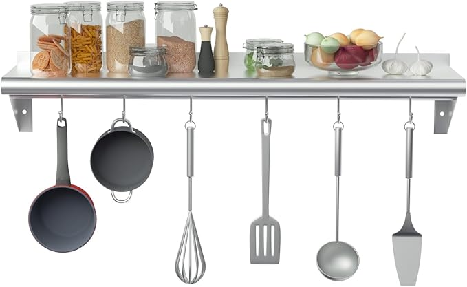 Treshin Stainless Steel Shelf with 6 Hooks 14 x 48 Inches Commercial Wall Mount Floating Shelving Storage Pot Rack for Restaurant Kitchen Home Bar and Hotel