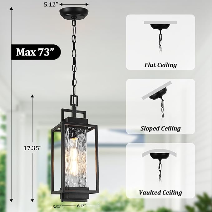 BesLowe 15” Outdoor Pendant Light with LED Bulb Modern Hanging Lantern Light for Outside with Water Ripple Glass Black Exterior Pendant Lighting Fixture Outdoor Chandelier for Front Porch Gazebo
