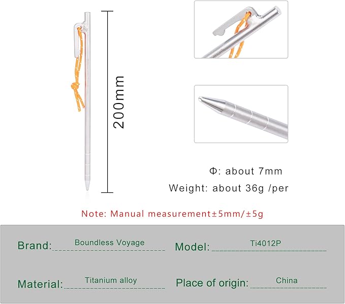 iBasingo 6-Pack Titanium Tent Stakes 20/24/30/35/40cm with Reflective Ropes Ultralight Backpacking Stakes for Camping Hiking Picnic Corrosion-Resistant &amp Durable Ground Pegs Ti4012P