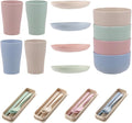 SMASOLO 28pcs Portable Wheat Straw Tableware Set Bowls Cups Plates Reusable Forks and Spoons Lightweight Healthy Dining for Camping and Travel