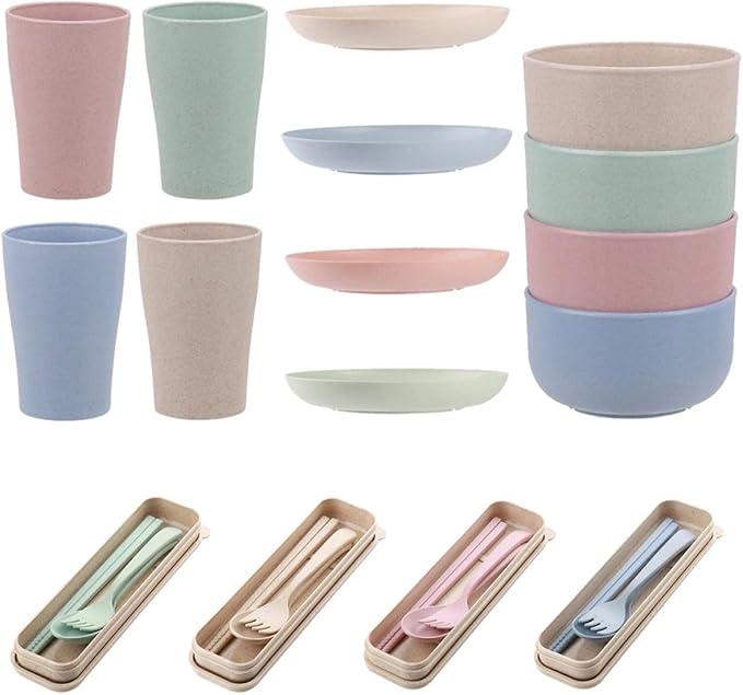 SMASOLO 28pcs Portable Wheat Straw Tableware Set Bowls Cups Plates Reusable Forks and Spoons Lightweight Healthy Dining for Camping and Travel