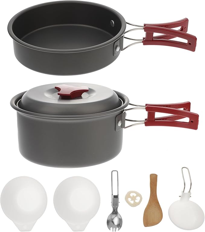 Yardwe Camping Cookware Set for 1-2 People Red Portable Outdoor Aluminum Pot Pan Bowl Combo Lightweight Hiking Picnic Cook Set for Camping and Travel
