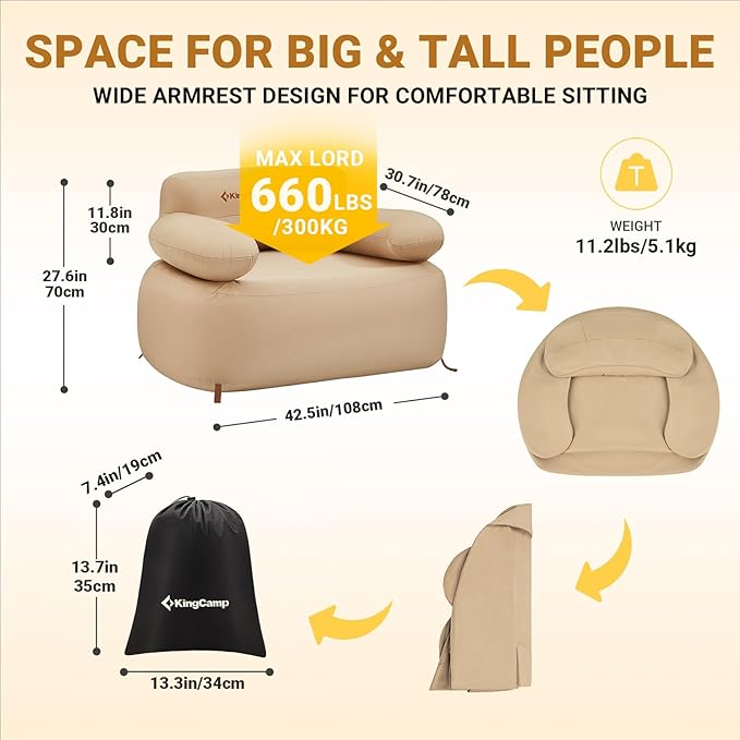 KingCamp Double Camping Inflatable Couch 880LB Heavy Duty Outdoor Loveseat Air Sofa Reinforced Dual-Layer Rip-Resistant 2 Person Inflatable Sofa for Camping Backyard RV &amp Patio