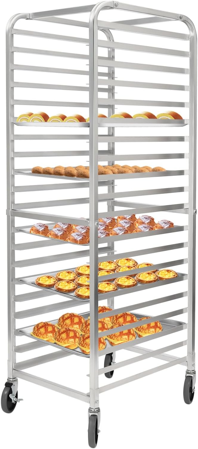 20 Tier Bun Pan Rack Mobile Sheet Pan Racking with Rollers Aluminum Trolley Storage Cooling Rack Heavy-Duty Bun Pan Sheet Shelf for 26 x 18 In