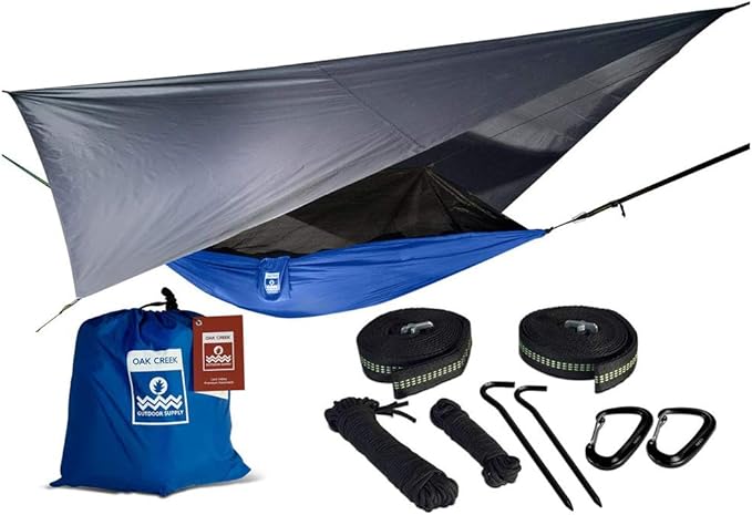Oak Creek Lost Valley Camping Hammock. Bundle Includes Mosquito Net Rain Fly Tree Straps Compression Sack. Weighs Four Pounds Perfect for Camping. Lightweight Nylon Single Hammock. Blue and Gray