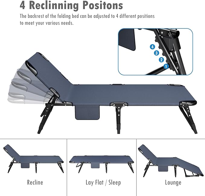 ATORPOK Folding Camping Cot for Adults with Padded Mattress and Pillow Adjustable Reclining Lounger Sleeping Cot Bed Ideal for Camping Travel Garden or Office Use Blue