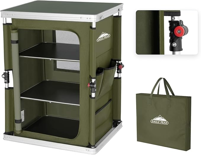 EAGLE PEAK Outdoor Folding Camping Table with Large 3-Tier Storage Organizer and Side Pockets Easy Set Up Portable Aluminum Camping Kitchen Green