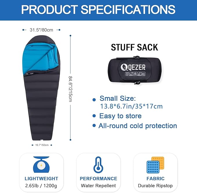 Down Sleeping Bag for Adults 0 Degree Warm Winter Mummy Lightweight Compact Outdoor Sleeping Bag for Camping Backpacking Hiking Cold and Warm Weather with 600 Fill Power Down