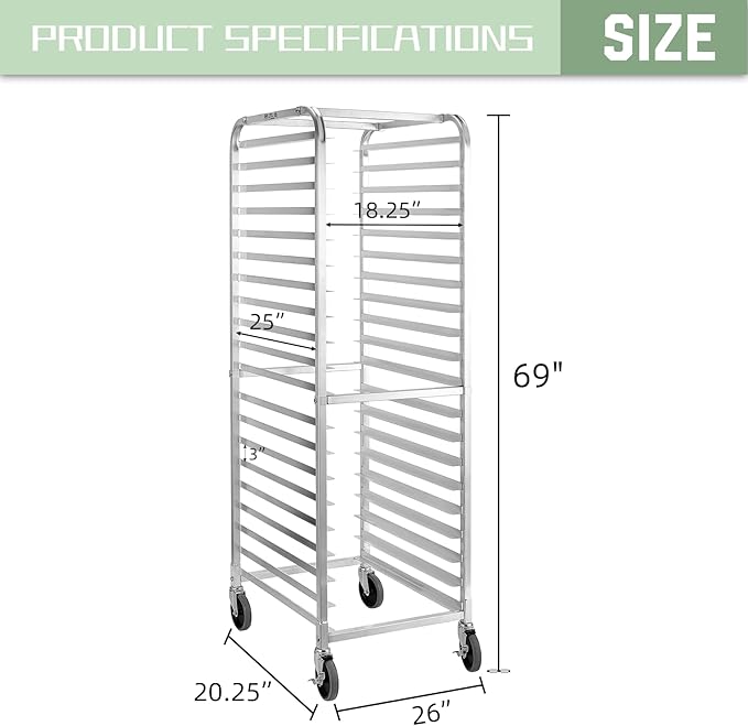 HALLY SINKS &amp TABLES H Bun Pan Rack 20 Tier with Wheels Commercial Bakery Racking of Aluminum for Full &amp Half Sheet - Kitchen Restaurant Cafeteria Pizzeria Hotel and Home 26 L x 20 W x