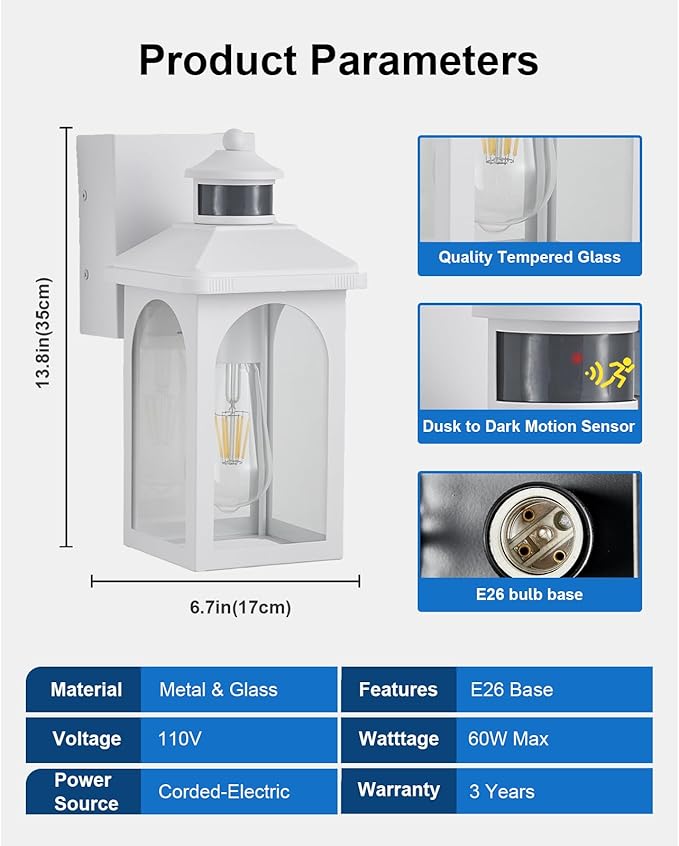 Porch Light with GFCI Outlet: Motion Sensor Porch Lights Outdoor with Remote Control Dusk to Dawn Exterior Lighting Fixtures White Modern Outdoor Wall Lights for House Garage Patio Front Door