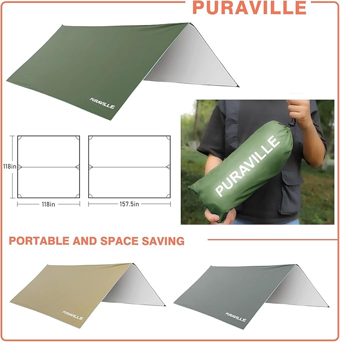 Puraville 12x10 ft Rectangle Lightweight Camping Tarps Portable Waterproof Hammock Rain Fly Tent Tarp for Camping Backpacking Green