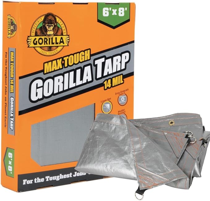 Gorilla 97050E Max Tough Tarp 6' x 8' - Heavy-Duty 14 MIL &amp 16X16 Weave - UV Treated Reinforced Hems Brass Grommets Durable and Weather-Resistant D-Ring Corners - 97050