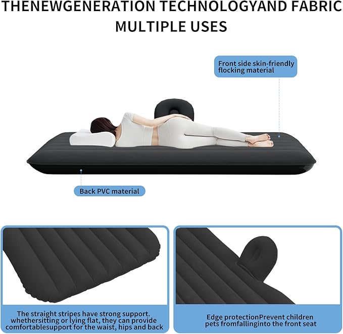Car Air Mattress Inflatable SUV Truck Camping Mattress for Back Seat Thickened Travel Car Bed Sleeping Pad with Inflatable Pier Air Pump 2 Pillows (Black)