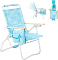 #WEJOY High Back Beach Chair 4 Position Adjustable Heavy Duty Aluminum Folding Backpack Camping Chairs with Wooden Armrest Storage Bag &amp Cup Holders for Outdoor Travel Fishing (Blue White)