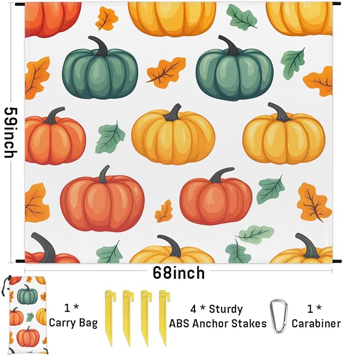 Waterproof Sandproof Beach Blanket 59''×68'' Watercolor Pumpkin Polyester Outdoor Picnic Blanket with 4 Stakes &amp Storage Bag for BeachCampingVacation White