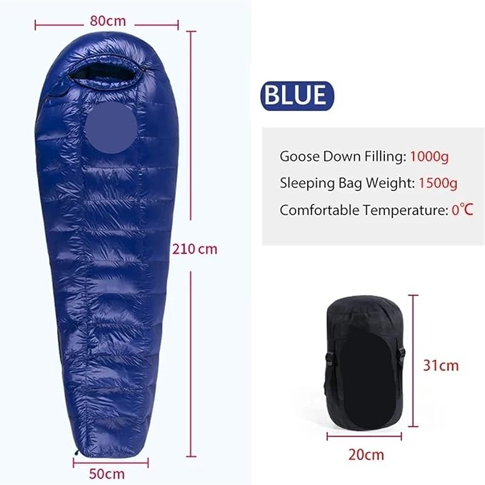 Sleeping Bag White Goose Down Sleeping Bag Camping Filled Men Warm for Travel Hiking for Adult(Dark Blue 1000g)