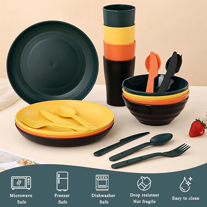 Camping Mess Kit for 4 with Bowl Plate Cup Spoon Fork Knife and Carry Bag Plastic Camping Accessories Essentials Gear for Travel Picnic Outdoor Easy to Carry &amp Store