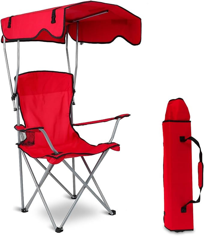 Camping Chair with Canopy Portable Outdoor Folding Beach Chairs with Cup Holder 330LBS Load Lawn Chair for Outside Fishing Beach Picnic (Red)