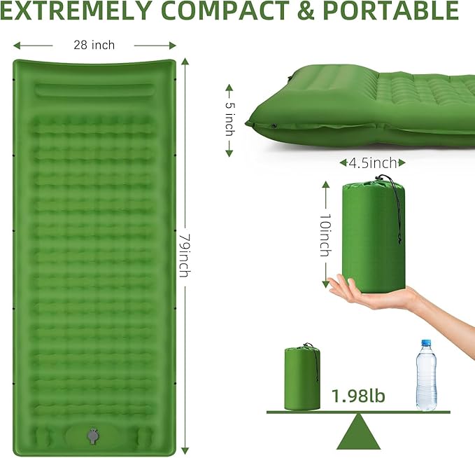 Camping Sleeping Pad Extra Thick 5 Inch Camping Mat with Pillow Built-in Foot Pump Inflatable Sleeping Pads Compact for Camping Backpacking Hiking Traveling Tent（Green）