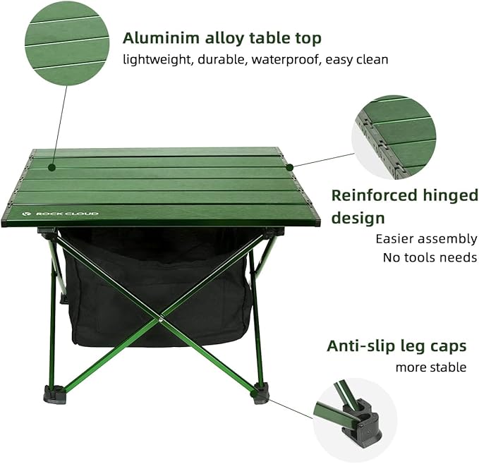 ROCK CLOUD Portable Camping Table Ultralight Aluminum Camp Table with Storage Bag Folding Beach Table for Camping Hiking Backpacking Outdoor Picnic Green