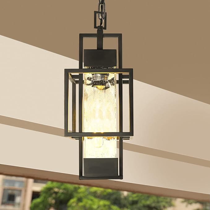 15 Outdoor Indoor Pendant Light Exterior Hanging Lantern Modern Black Metal Outside Chandelier Light Fixture Ceiling Mount with Water Glass for Front Porch Entrance Foyer Entryway (Bulb Included)