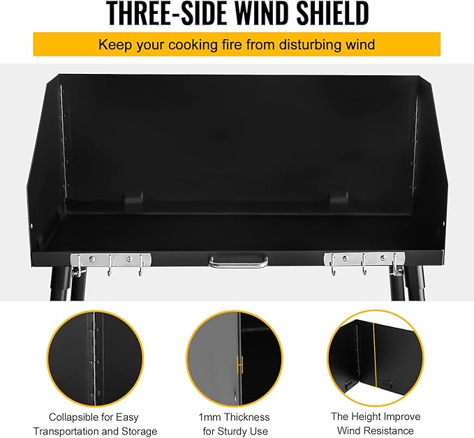 30 x 16 Inch Dutch Oven Table Carbon Steel Camp Cooking Table with Three-Sided Windscreen and Four Legs for Food Preparation and Dutch Oven Cooking