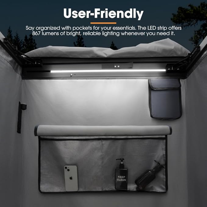 SanHima Awning Shower Tent with 90° Swing Arm - Car Side Shower Room w/LED Light Camping Waterproof Portable Privacy Shelter Bathroom Overland Gray