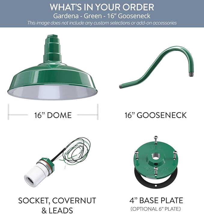 Steel Lighting Co. Gardena Barn Light | Outdoor Wall Mounted | 16 Dome | 16 Gooseneck | Farmhouse Light Made in America | Green Exterior/White Interior