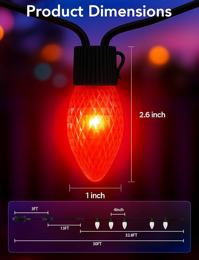 Popotan C-9 LED Christmas Lights Outdoor 33FT 50 LEDs Smart RGB String Lights with App Remote Control 108 Modes Waterproof for Porch Fence Holiday DecorationHalloween Lights