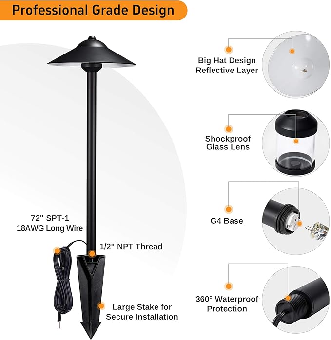 Gardenreet Brass Low Voltage Pathway Lights (9 Shade 23.5 Tall) - Black 12V Path Light Waterproof Wired Outdoor LED Landscape Area Lighting for Garden Walkway with 3W 270LM 2700K G4 Bulb (6 Pack)